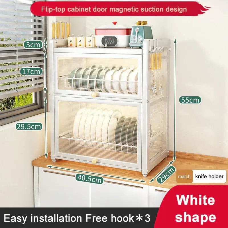 Black mesh double layer dish drying rack with white two-tier magnetic suction cabinet door and built-in knife holder
