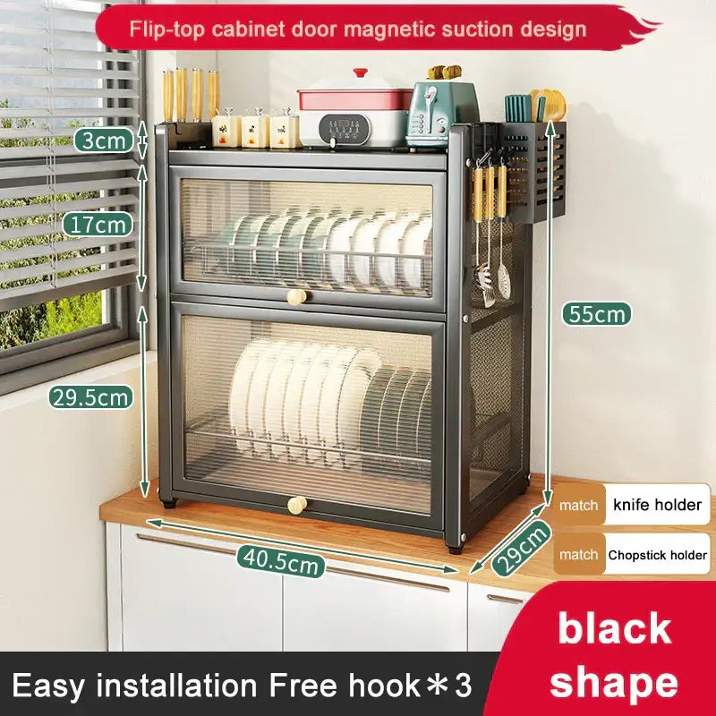 Black metal flip-top cabinet door magnetic suction dish drying rack with mesh doors and integrated knife holders