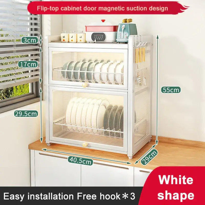 White two-tier magnetic suction dish drying rack with transparent mesh doors and metal wire shelves for kitchen storage