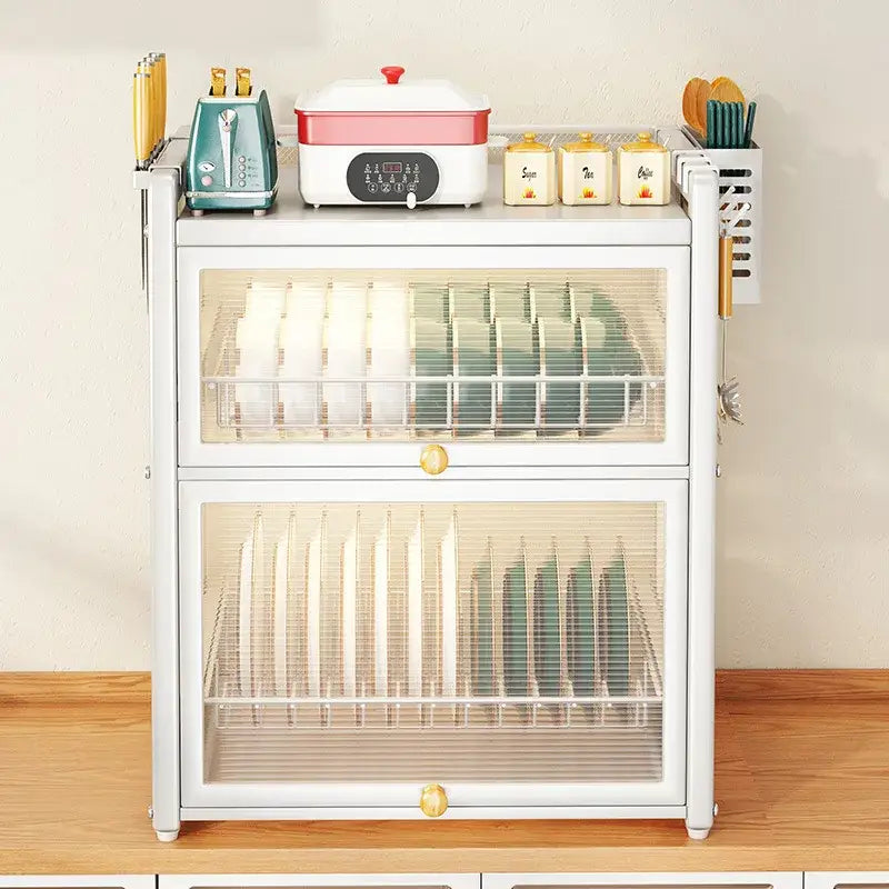 White two-tier dish drying rack with glass doors gold handles and wire mesh shelves for organized kitchen storage