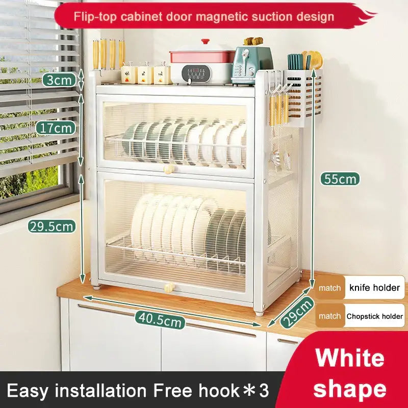 White two-tier magnetic suction cabinet door dish drying rack with mesh doors and built-in knife and chopstick holders