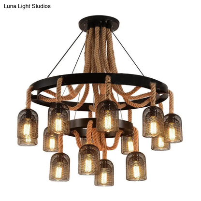 Black Mesh Shade 4-Light Ring Hanging Chandelier with Rope Detail - Industrial Foyer Lamp