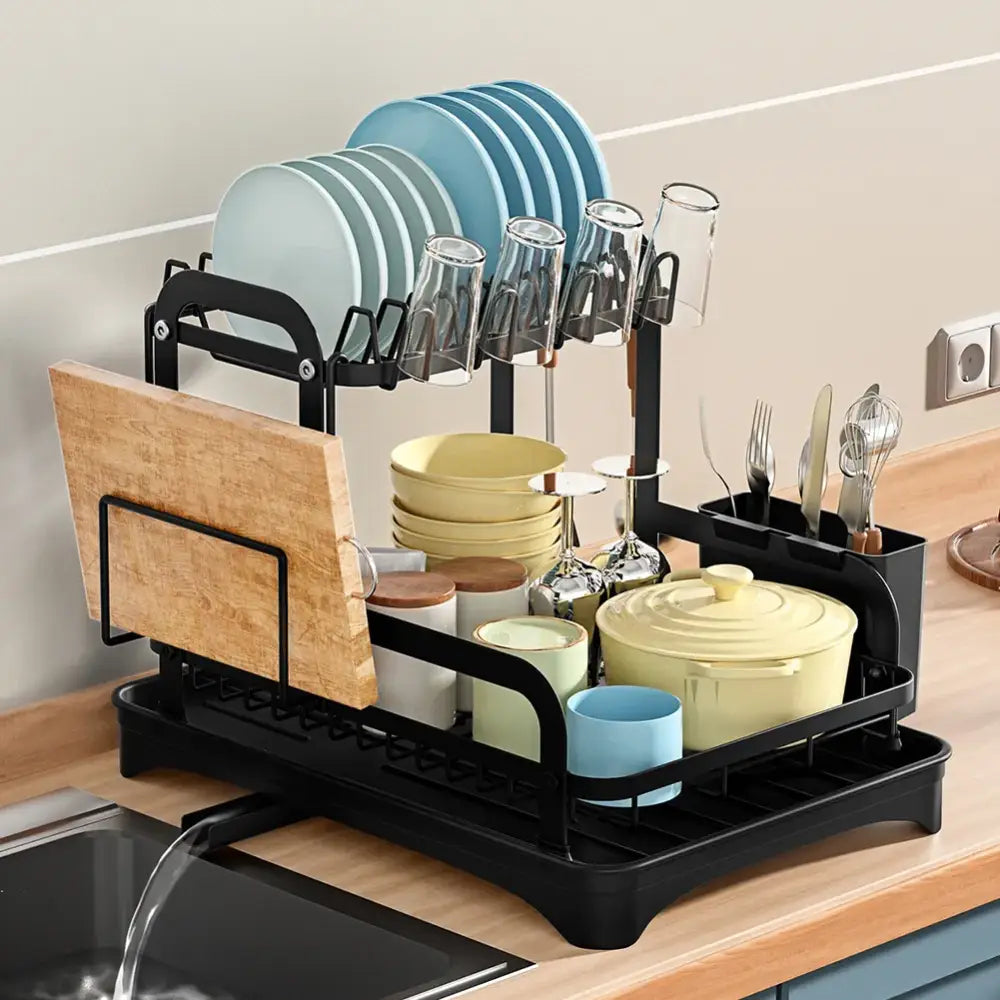 Black metal 2 tier dish drainer storage rack for kitchen organization with multiple tiers for drying plates and utensils