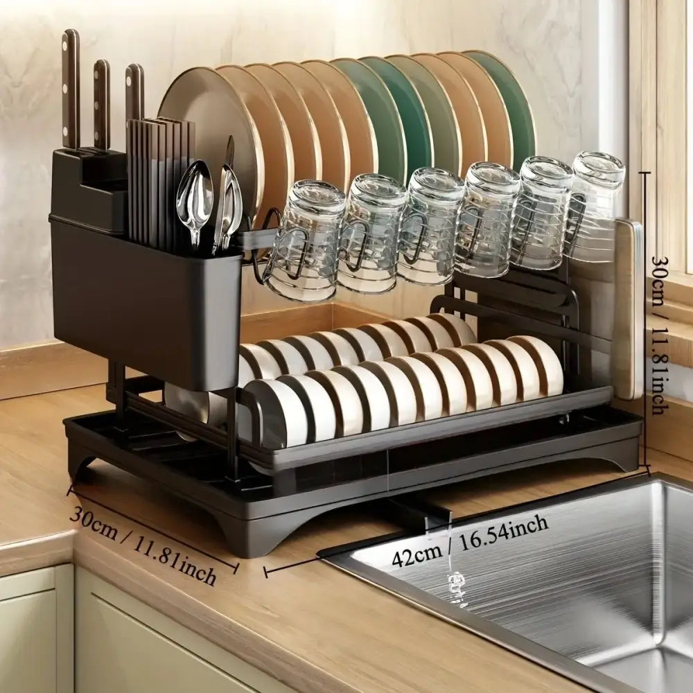 Black metal two tier dish drying rack with integrated utensil holder and glass cup hooks for kitchen storage and drying rack