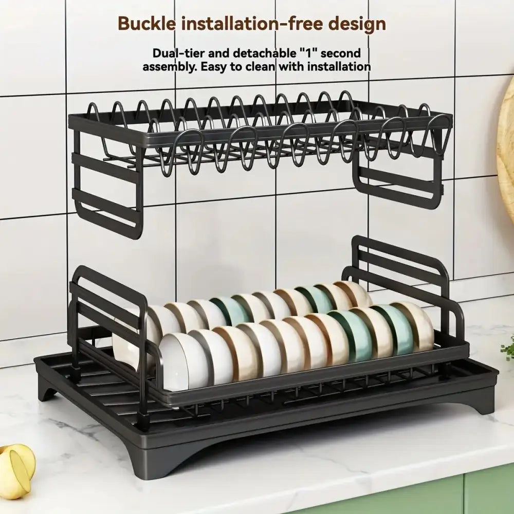 Black metal two tier dish drying rack with curved wire shelves and detachable design for kitchen storage