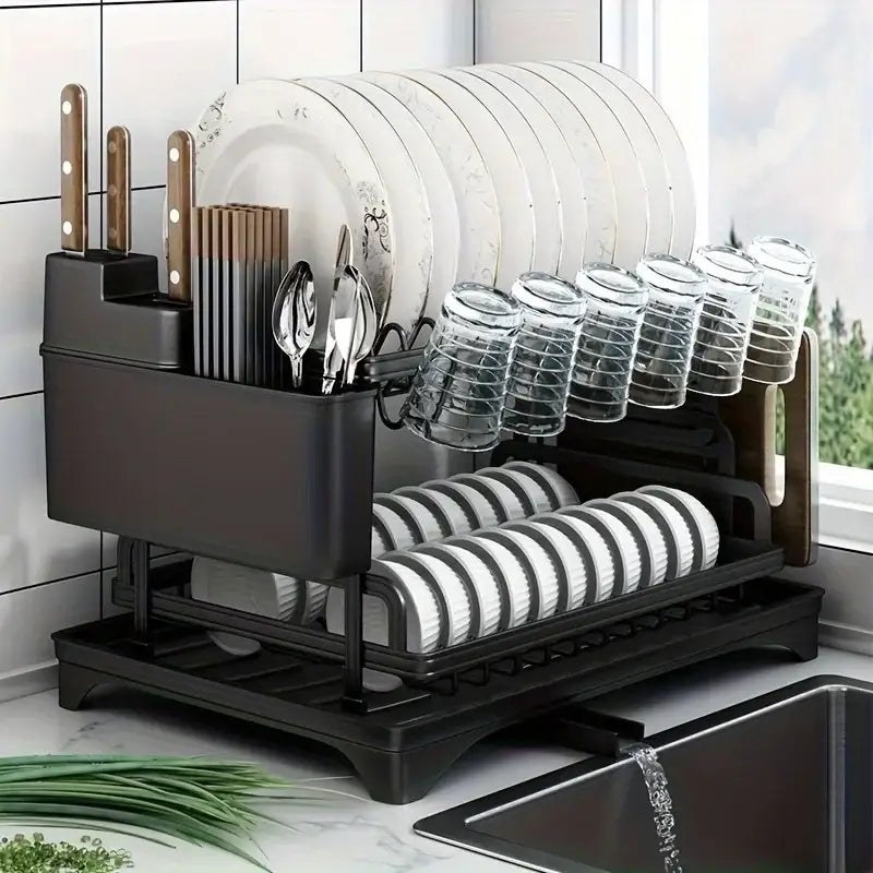 Black metal two tier dish drying rack with knife block spoon fork holders and glass cup racks for kitchen storage