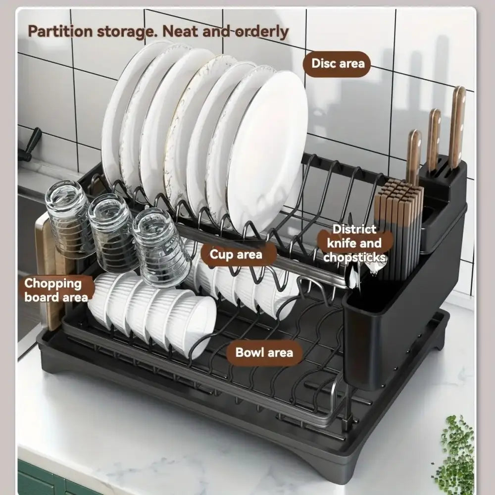 Black metal two tier dish drying rack with wire mesh shelves and plastic compartments for plates cups and utensils