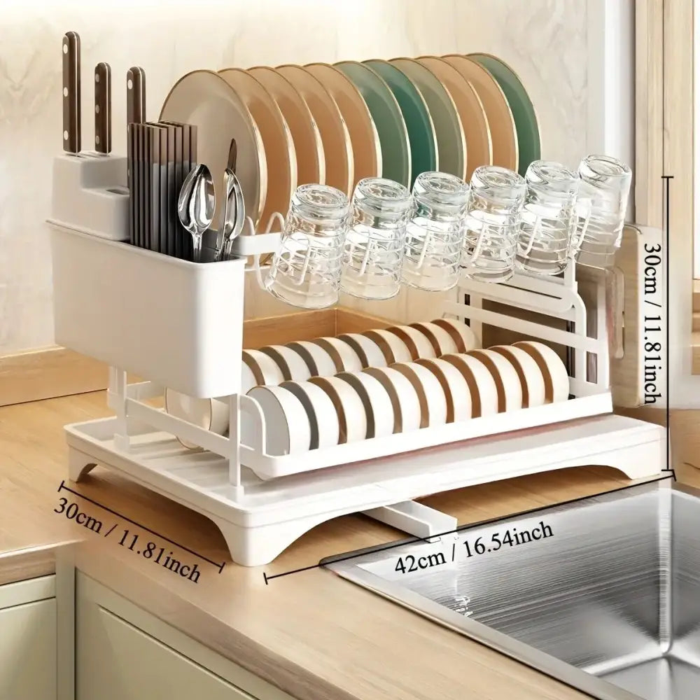 White plastic two-tier dish drying rack with integrated utensil holder and glass hooks for kitchen storage use