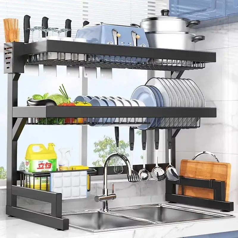 Black metal 2-tier dish drying rack with wire mesh shelves and integrated utensil holder for kitchen storage