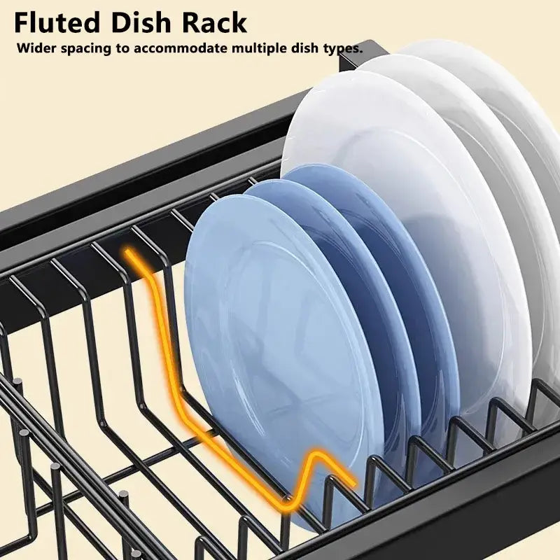 Black metal 2-tier dish drying rack with wider spacing fluted dish rack design and utensil holder for kitchen storage