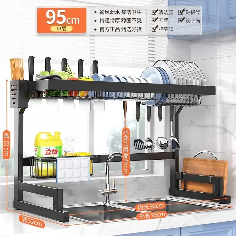 Black metal 2-tier dish drying rack with utensil holder for kitchen storage and efficient dish drying organization