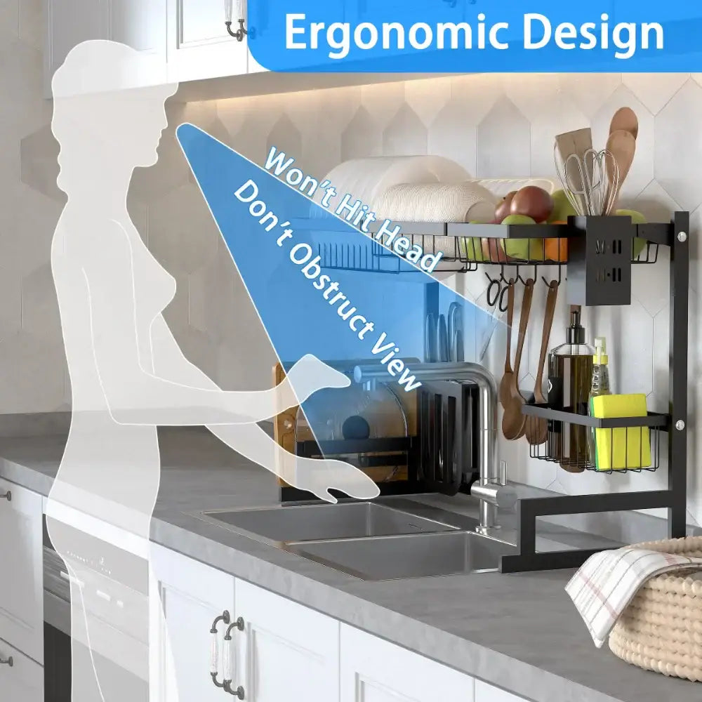Black metal 2-tier dish drying rack with wire baskets and utensil holder for kitchen dish drying and organization