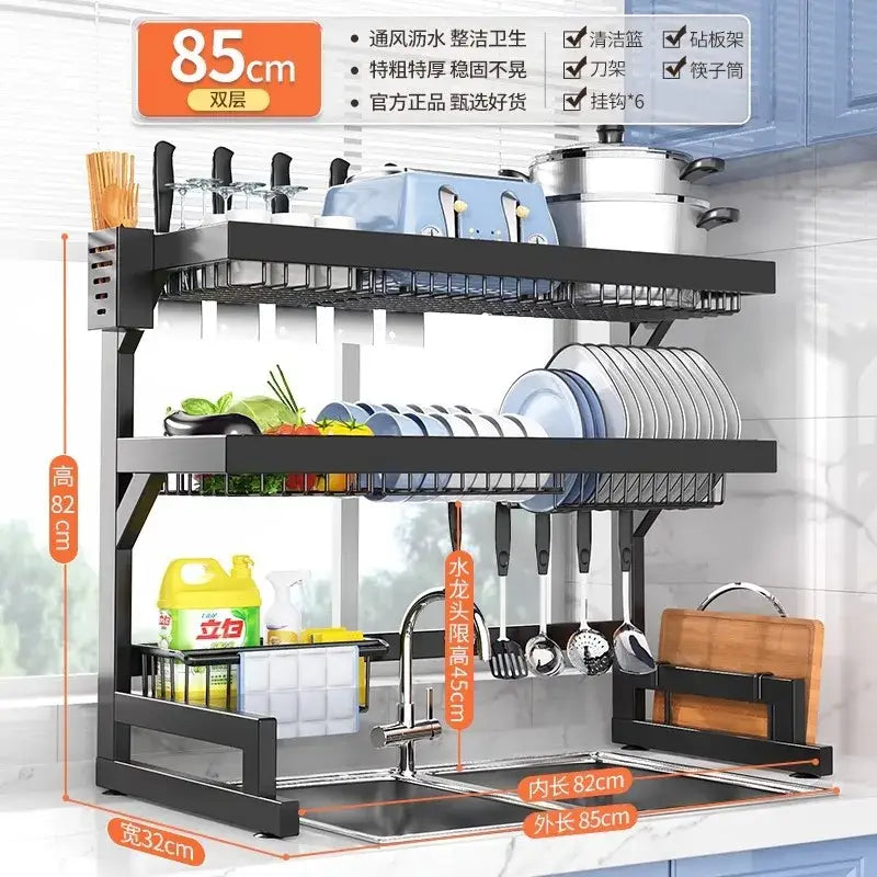 Black metal 2-tier dish drying rack with stainless steel construction, integrated knife holder, and cutting board stand