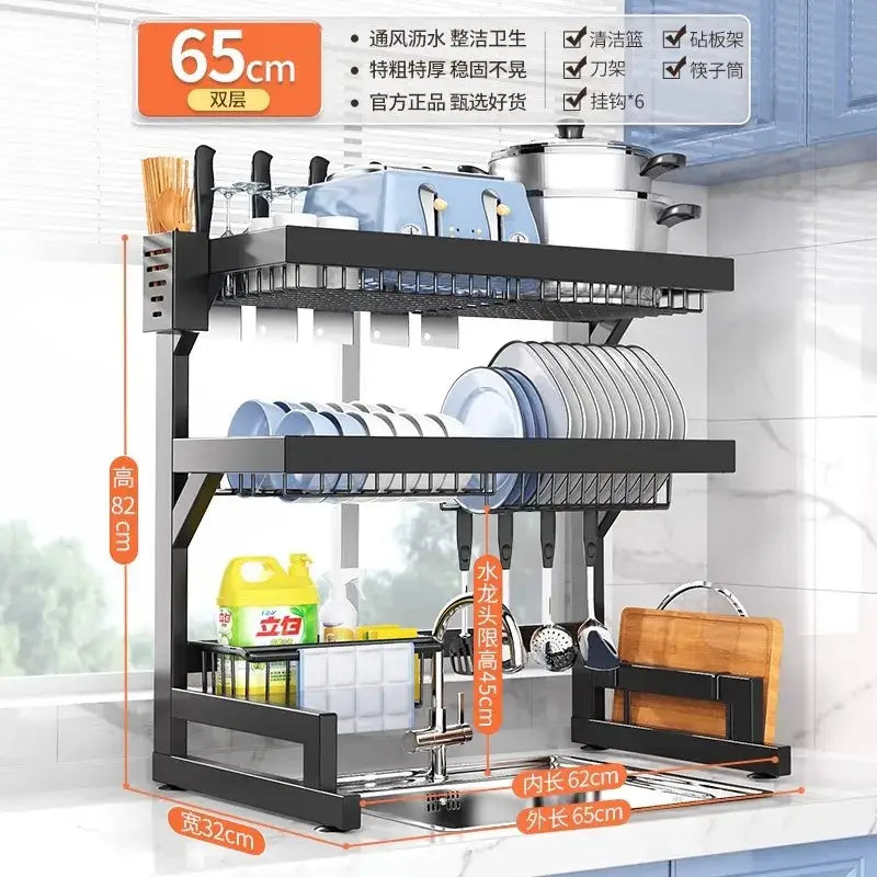 Black metal 2-tier dish drying rack with stainless steel wire mesh shelves and built-in sink basin for kitchen storage