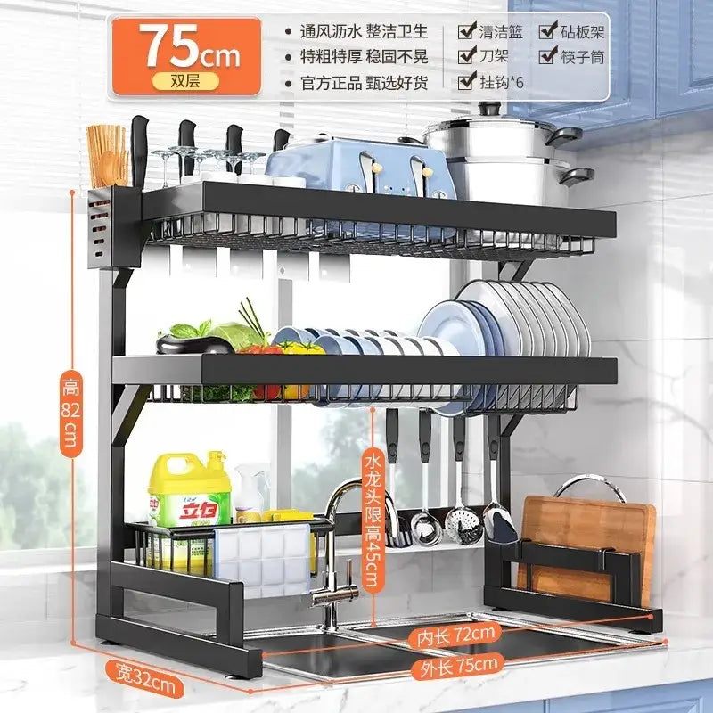 Black metal 2-tier stainless steel dish drying rack with utensil holder and cutting board stand for efficient drying
