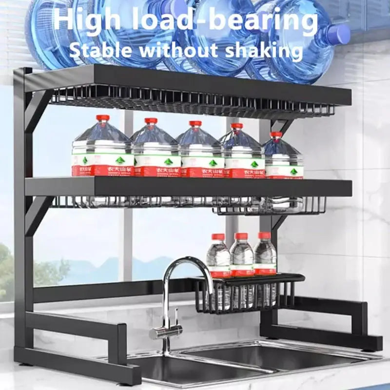 Black metal 2-tier dish drying rack with wire mesh shelves and integrated bottle holders for kitchen storage