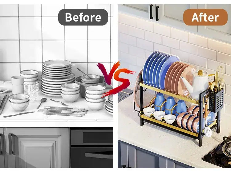 Black metal 2 tier kitchen dish rack with utensil holder holding gold and black stacked plates bowls cups and teapot