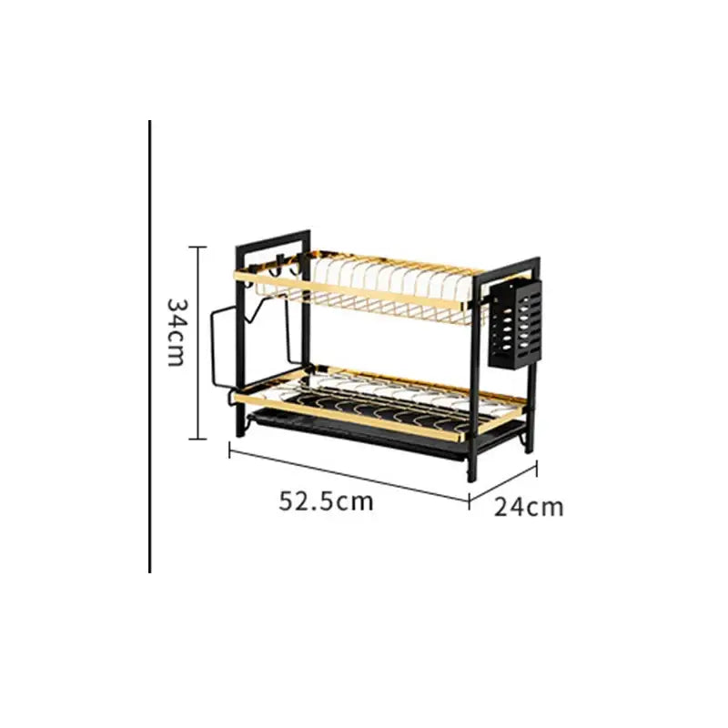 Black metal two tier kitchen dish rack with black and gold wire mesh design and utensil holder for efficient drying