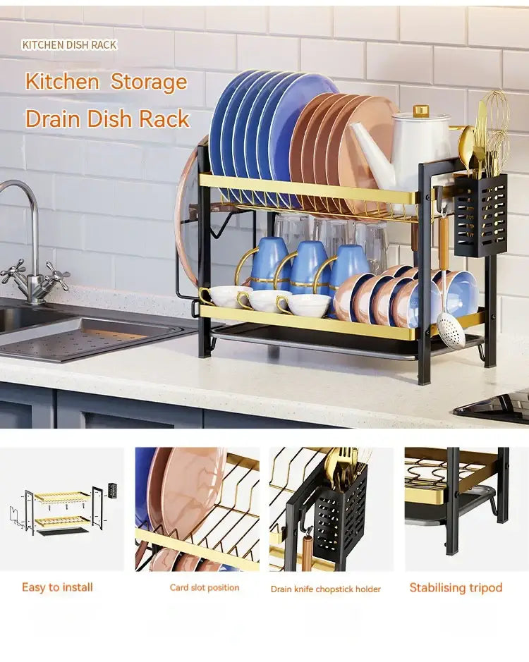 Black metal two tier kitchen dish rack with gold accents and utensil holder including knife and chopstick racks