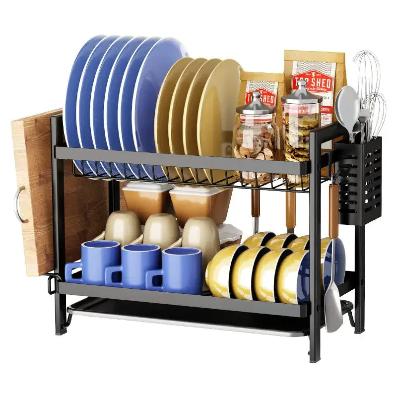 Black metal two tier kitchen dish rack with wire mesh shelves and side utensil holder for organized drying