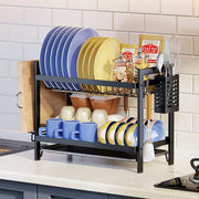 Black metal 2 tier kitchen dish rack with wire mesh shelves and side utensil holder for organized drying