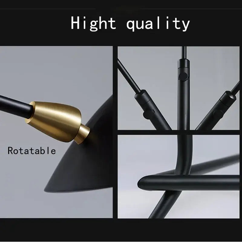 Black metal 3-arm floor lamp with brass rotatable cone shade and decorbites adjustable arm for living room lighting