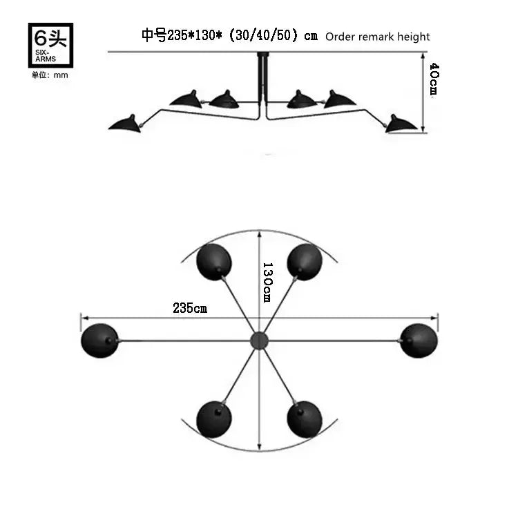 Black metal six-arm ceiling fixture with spherical light heads complementing decorbites adjustable arm floor lamp