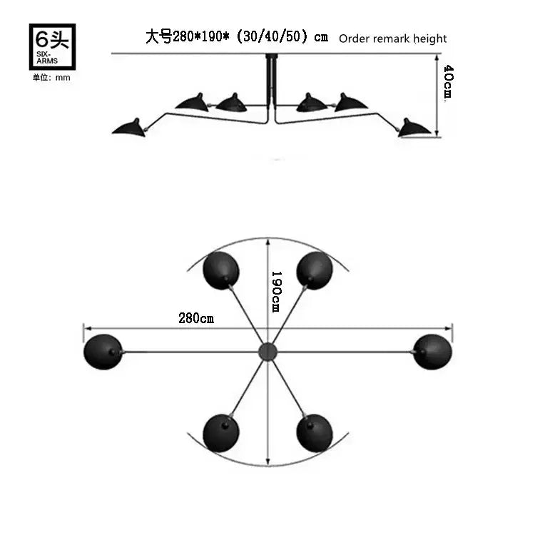 Six-armed black metal ceiling light fixture with spherical shades and central hub for modern decorbites adjustable arm lighting