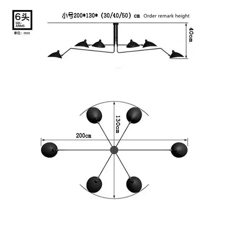 Black metal six-arm ceiling fixture with spherical light heads and central hub for decorbites adjustable arm floor lamp