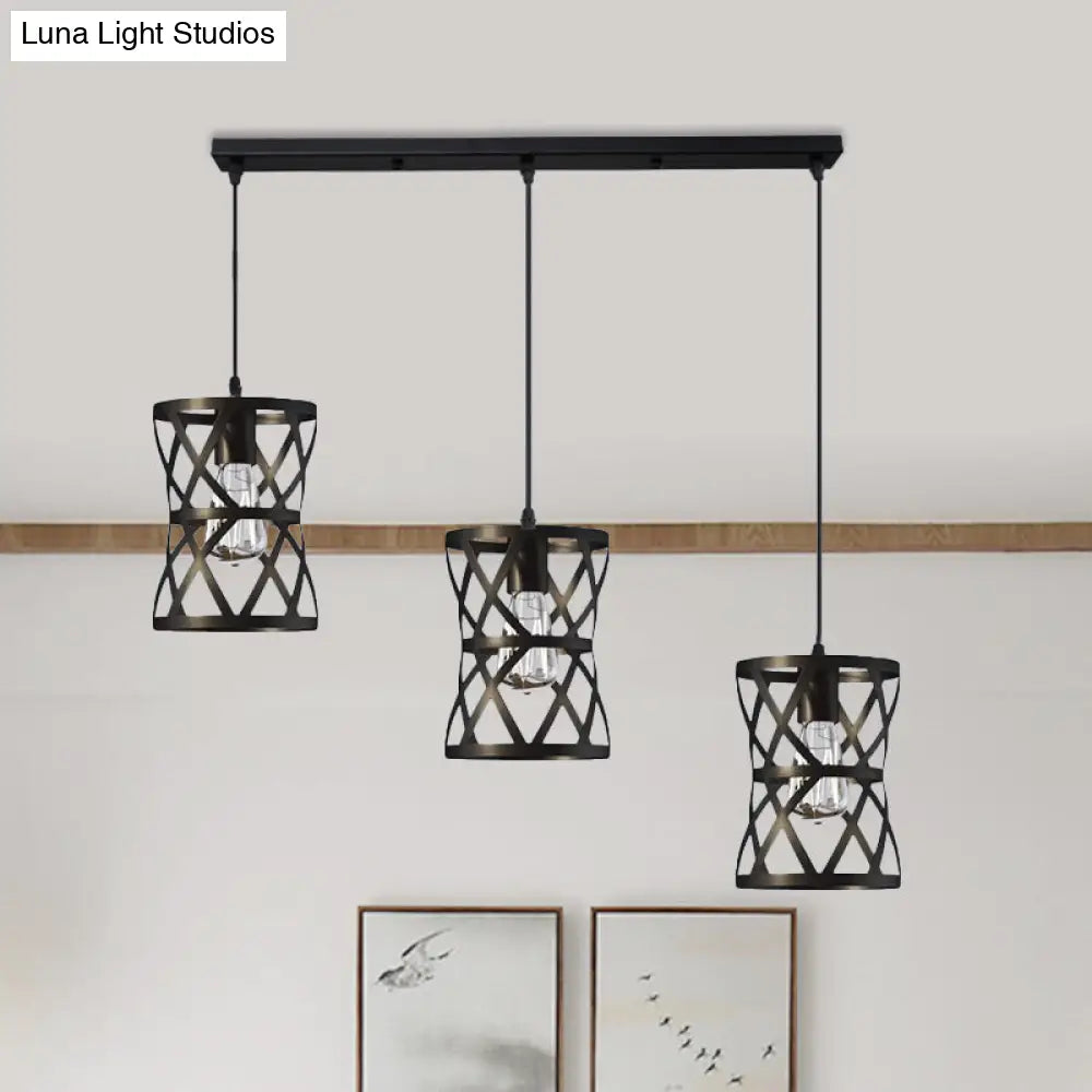 Black Metal 3-Headed Farmhouse Pendant Light with Cage Shade for Living Room Suspension