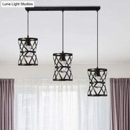 Black Metal 3-Headed Farmhouse Pendant Light with Cage Shade for Living Room Suspension