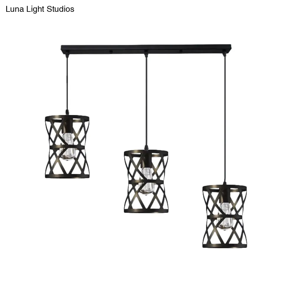 Black Metal 3-Headed Farmhouse Pendant Light with Cage Shade for Living Room Suspension