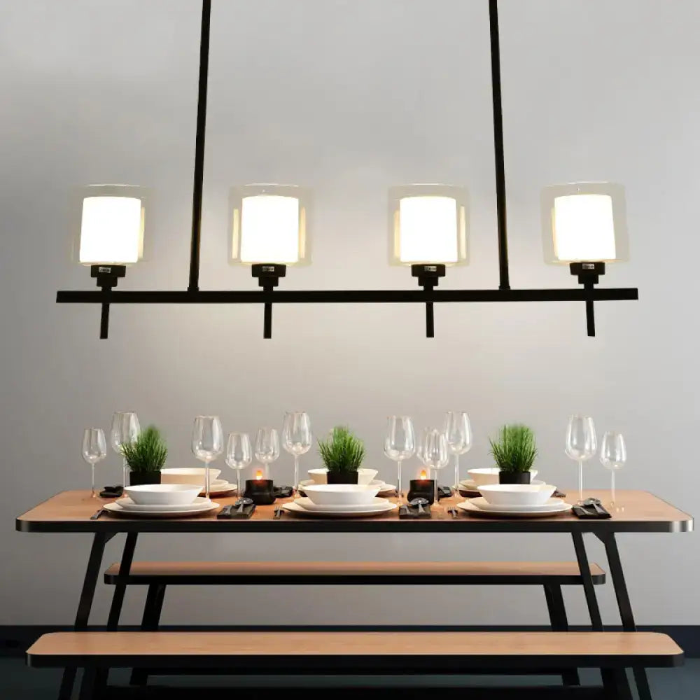 Modern black metal 3 light cylinder chandelier with four square glass shades for dining room 110v-120v bulb base