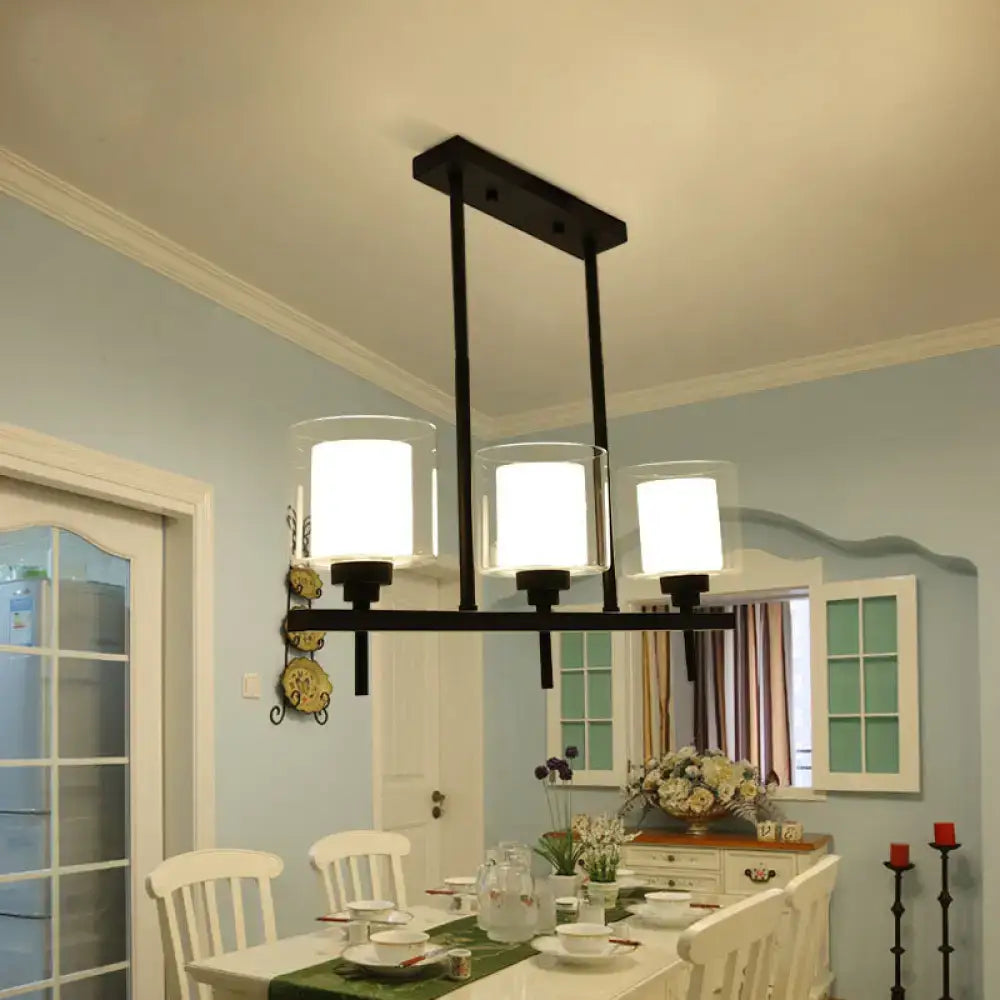 Black metal 3 light cylinder chandelier with frosted glass shades for dining room 110v-120v e26 e27 lamp