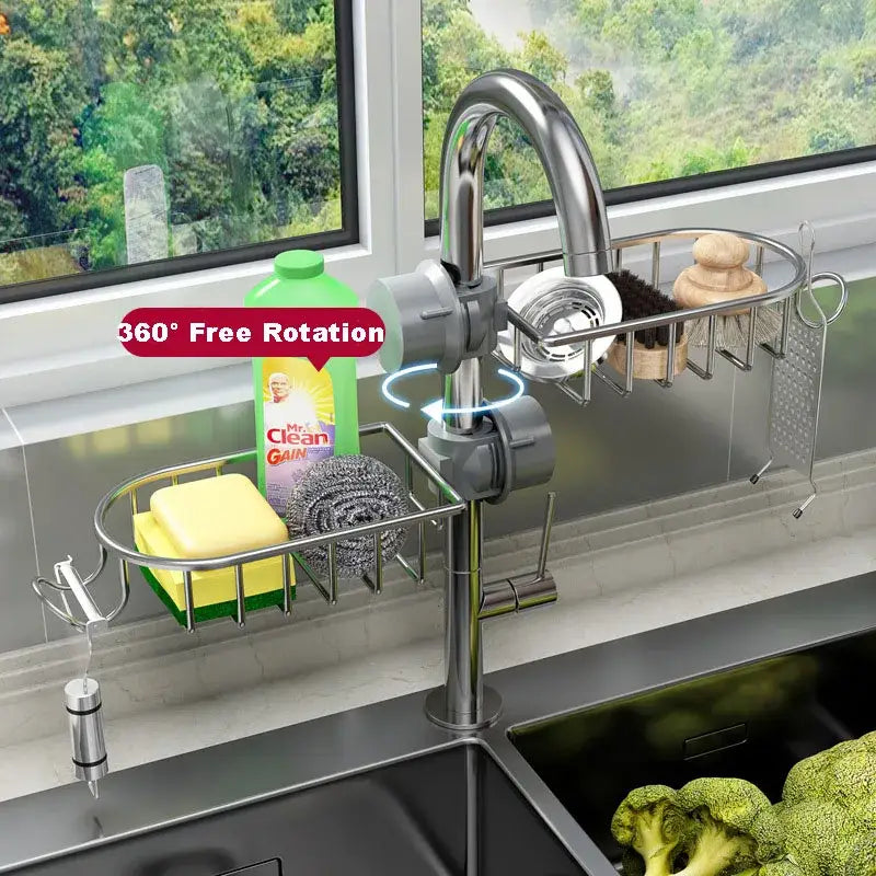 Black metal adjustable kitchen sink rack with silver stainless steel faucet-mounted soap organizer and 360-degree rotation