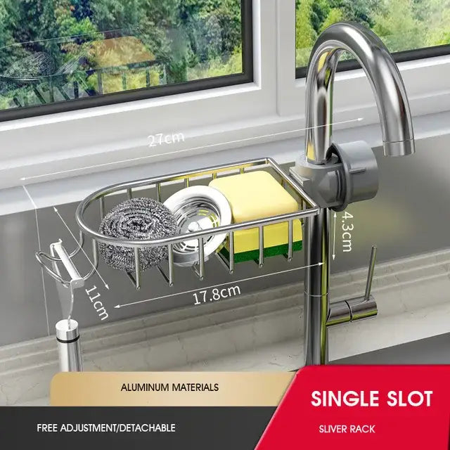 Silver aluminum faucet-mounted sponge rack with single slot holding steel wool ball soap bottle and scrubber for decorbites adjustable kitchen sink rack