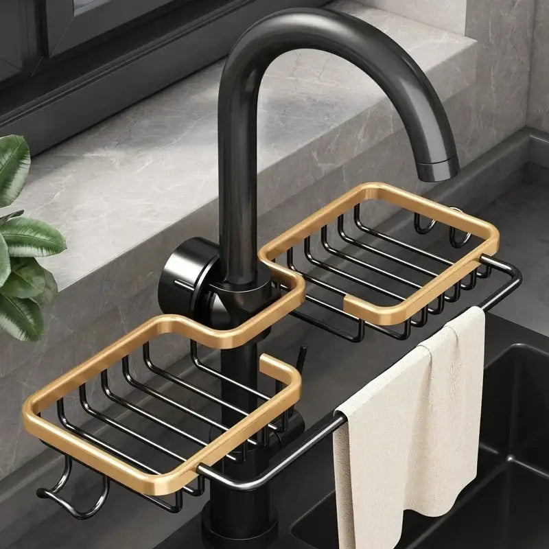Black metal decorbites adjustable kitchen sink rack with gold faucet-mounted soap dish and two wire baskets