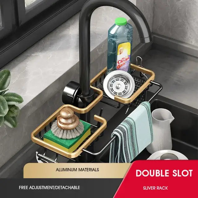 Gold-toned aluminum double-slot sink rack with sleek modern design for decorbites adjustable kitchen sink organization
