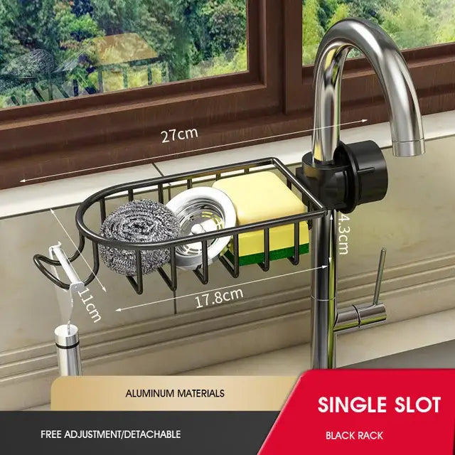 Black metal adjustable kitchen sink rack with single slot aluminum faucet-mounted sponge and scrubber holder by decorbites