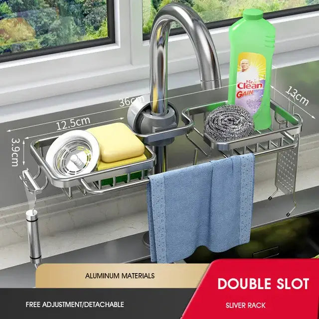 Silver aluminum sink rack with double slots holding sponge and dish soap for decorbites adjustable kitchen sink rack
