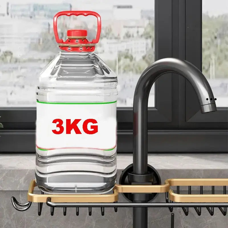 Clear plastic bottle with red handle and cap labeled 3kg next to black metal decorbites adjustable kitchen sink rack with soap dish and hooks