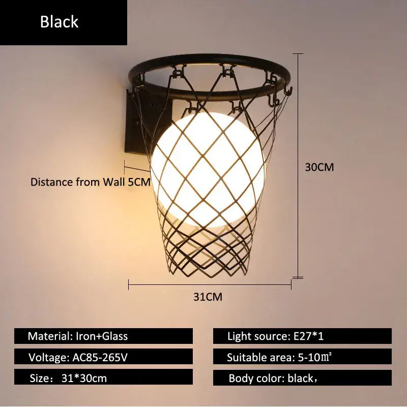 Black metal basketball wall lamp with iron frame and glass mesh net design for bedroom decorbites basketball wall lamp