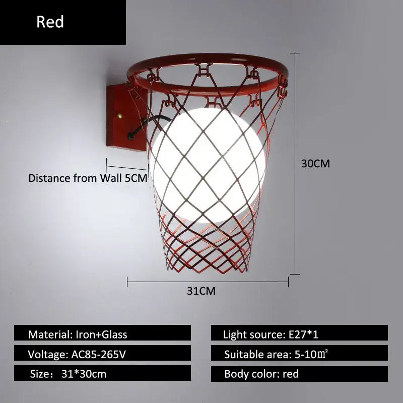 Red basketball wall lamp made of iron and glass with netted design decorbites basketball wall lamp decor
