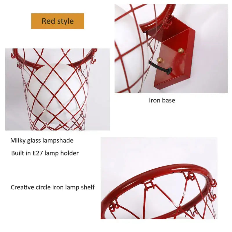 Black metal basketball wall lamp with red iron hoop, white mesh net, and integrated lampshade for creative decorbites wall lamp