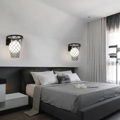 Black metal basketball wall lamp with woven netting and frosted glass shades for creative bedroom decorbites basketball wall lamp