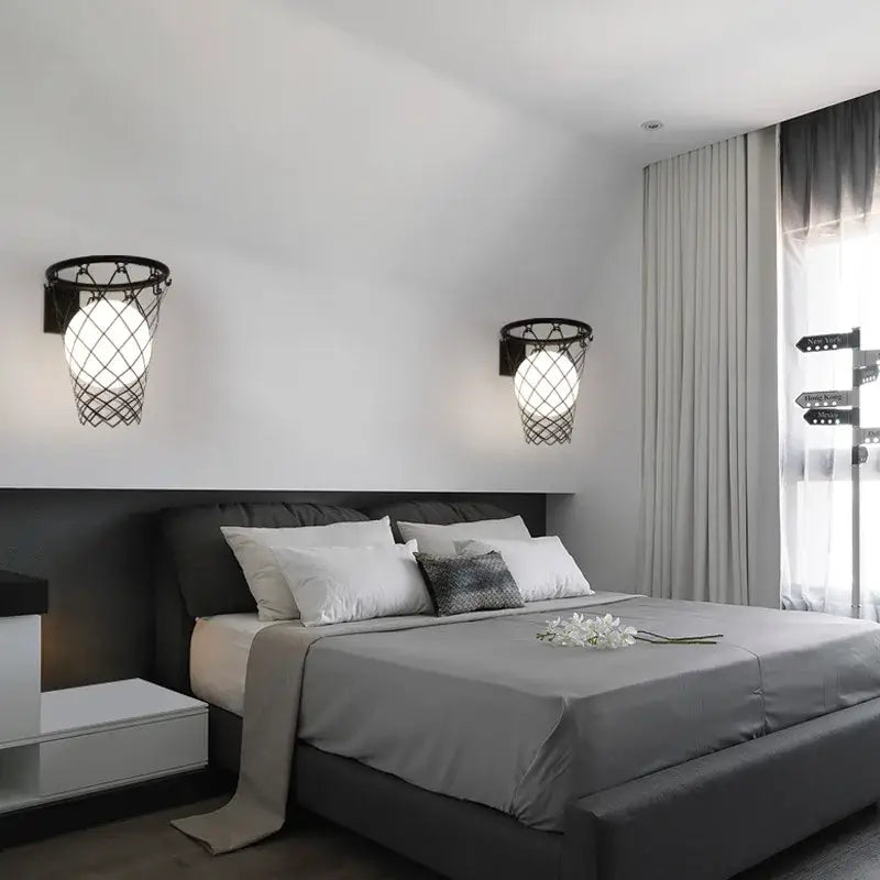 Black metal basketball wall lamp with woven netting and frosted glass shades for creative bedroom decorbites basketball wall lamp