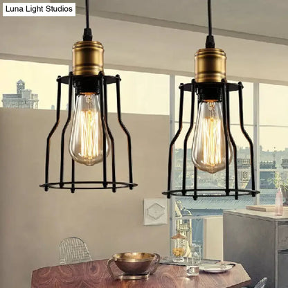 Black Metal Cage Single-Bulb Pendant Light for Warehouse Suspension