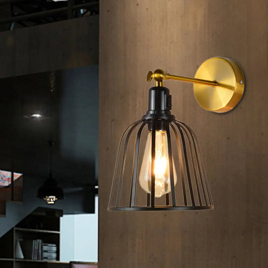 Black Metal Cage Wall Sconce with Bell Shade – Industrial Style Hallway Light Fixture