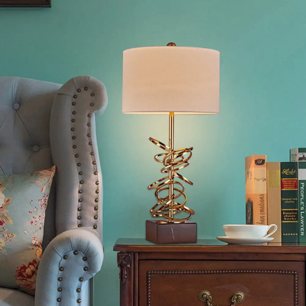 Black Metal Circle Fabric Nightstand Light: Postmodern Bedside Lamp with 1-Bulb