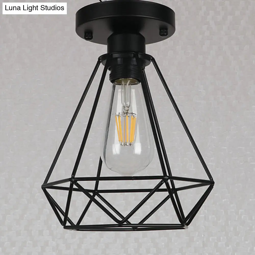 Lámpara colgante DecorBites™ con jaula de diamante de metal negro para cafeterías y lofts - Lámpara de techo semiempotrada